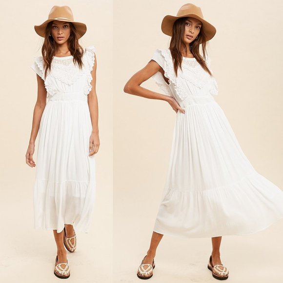 NEW Off White Romantic Lace Inset Ruffle Trim Yoke Smock Waist Midi Maxi Dress - Picture 2 of 10